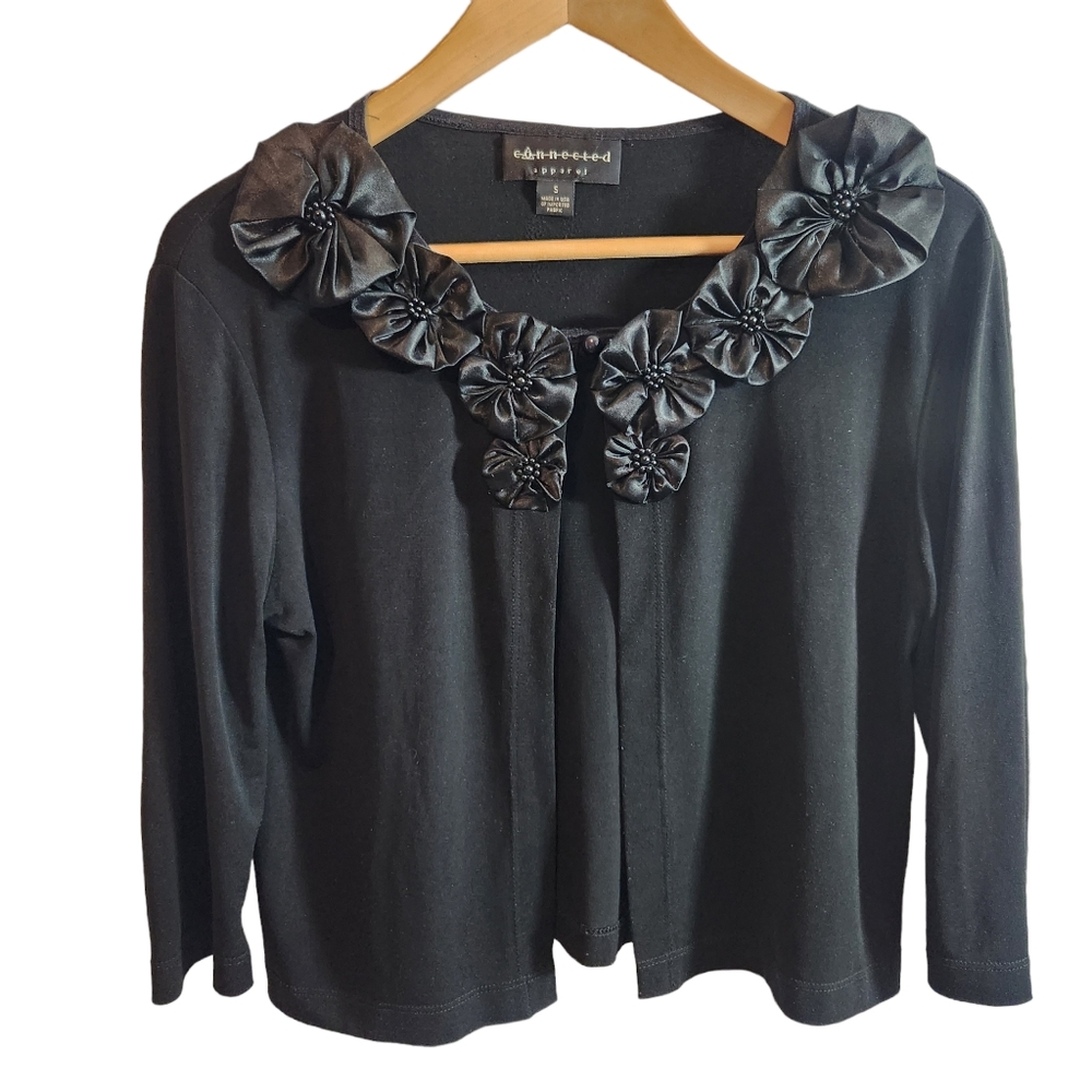 Connected Apparel Black Floral Detail Knit Cardigan